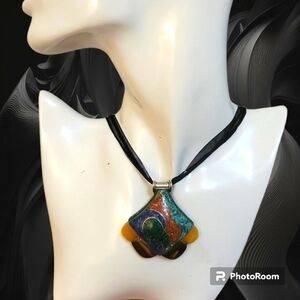 Tibetan Silver Agate Gemstone Earth Pendant Punk Grunge Ribbon Necklace